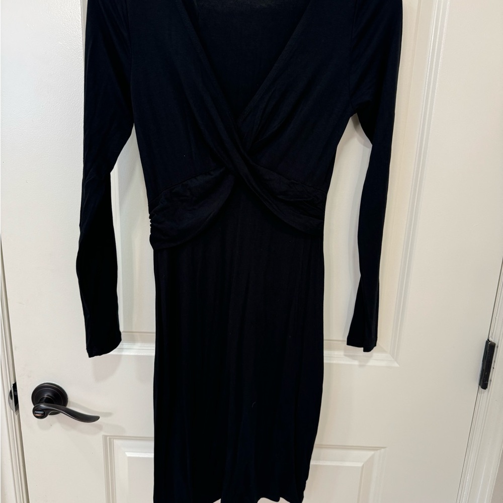 Black Plunge Neck Long Sleeve Sheath Midi Dress